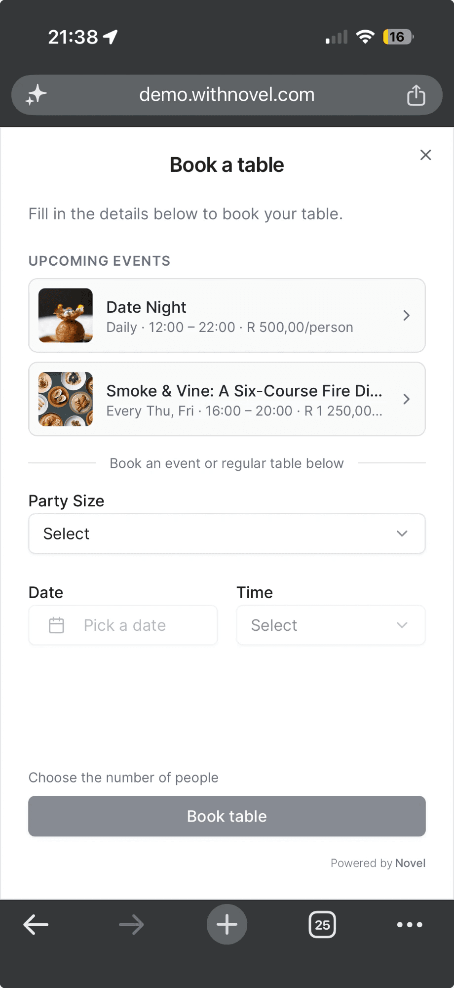 The Novel booking widget: a guest picking a table